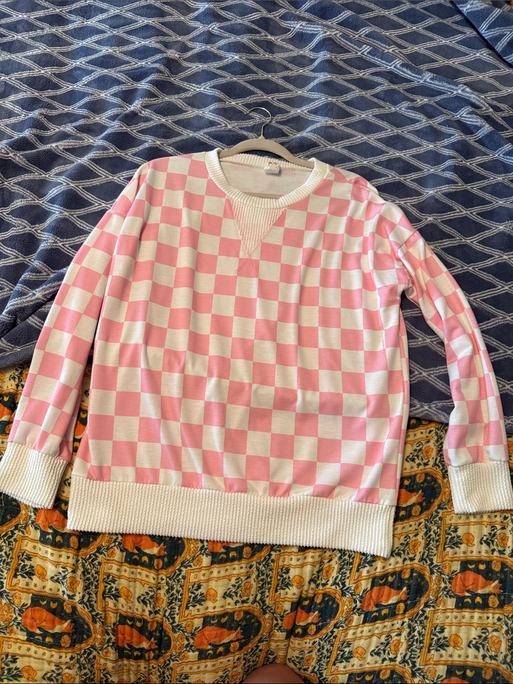 7th Ray Pink and White Checker Crewneck Sweater